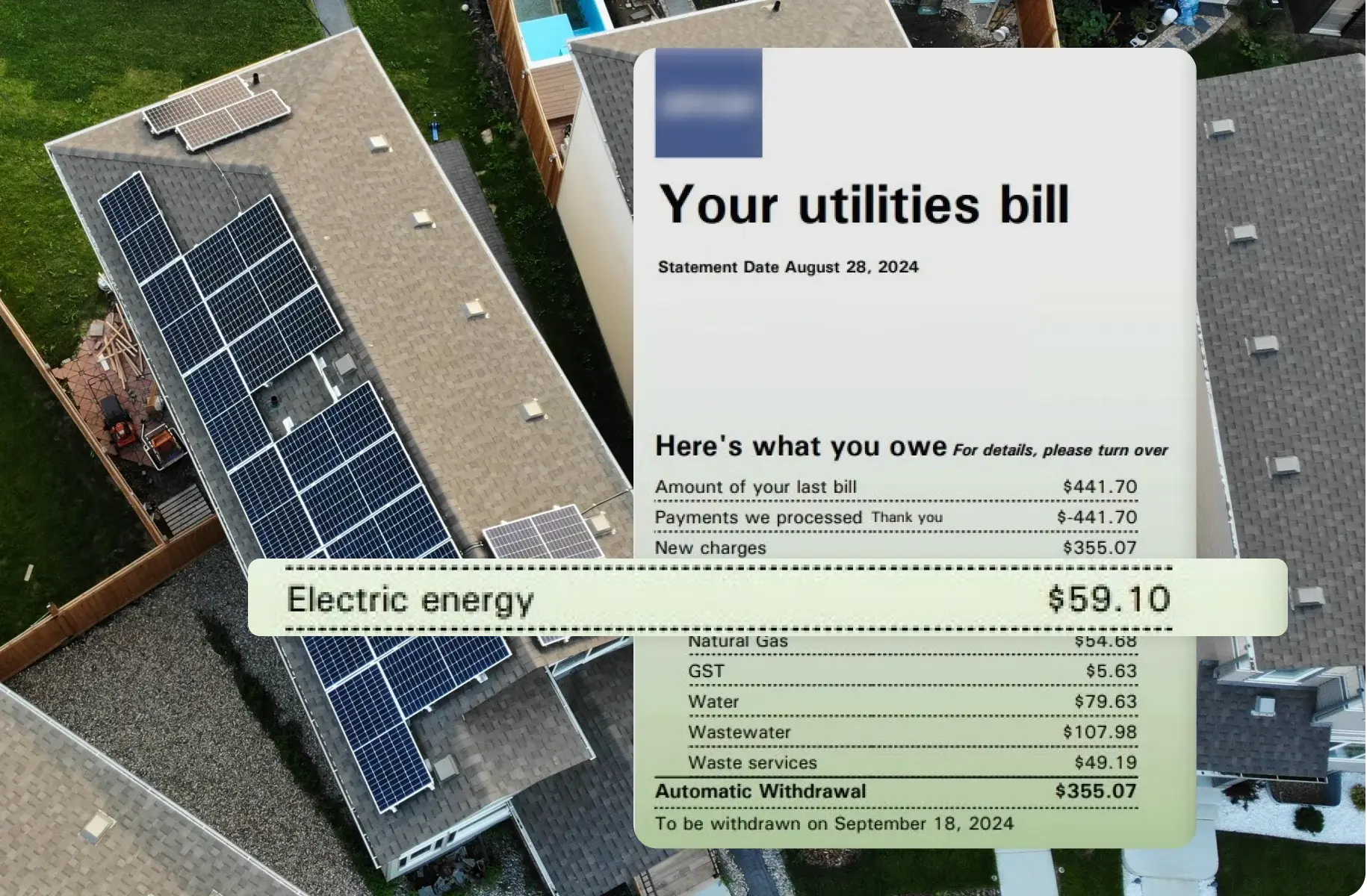 A power bill from a household in Calgary showcasing the reduction of electricity cost and the solar energy system installation.